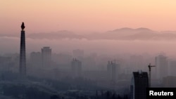 FILE - The 170-meter tall Juche Tower and other buildings are seen as morning fog blankets Pyongyang, North Korea, September 8, 2018. (REUTERS/Danish Siddiqui/File Photo)