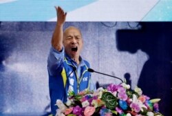 Kaohsiung city mayor and presidential candidate of Taiwan''s Nationalist Party in the 2020 elections, Han Kuo-yu, gestures during a party congress in New Taipei City, Taiwan, July 28, 2019.