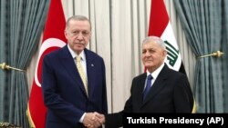 سەرۆکی عێراق عەبدول لەتیف ڕەشید و سەرۆکی تورکیا ڕەجەب تەیب ئەردۆغان، بەغدا 22ی چواری 2024