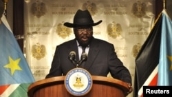 FILE - South Sudan's President Salva Kiir addresses a news conference at the Presidential palace in Juba.