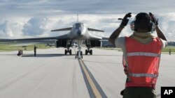 A B-1B Lancer arrives at Andersen Air Force Base, Guam, July 26, 2017, in this photo provided by the U.S.Air Force.
