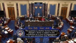 In this image from video, the vote total on the question of the constitutionality of the impeachment trial against former President Donald Trump is displayed in the Senate at the U.S. Capitol in Washington, Feb. 9, 2021.