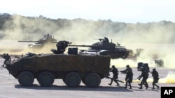 台灣士兵在台灣北部新竹縣參加軍事演習。(2021年1月19日）