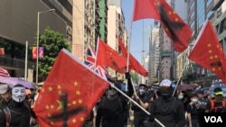 有示威者在香港10-1國殤大遊行揮舞反赤納粹旗。(攝影: 美國之音湯惠芸）