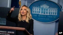 White House press secretary Kayleigh McEnany speaks during a press briefing at the White House, May 1, 2020, in Washington. 