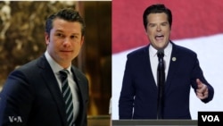 พีท เฮกเซธ (ซ้าย) นักจัดรายการช่องข่าวฟ็อกซ์นิวส์ ผู้ได้รับการเสนอชื่อให้เป็นรัฐมนตรีว่าการกระทรวงกลาโหมคนใหม่ และ ส.ส.แมตต์ เกตซ์ (ขวา) ผู้ที่ทรัมป์เสนอชื่อเป็นรัฐมนตรีกระทรวงยุติธรรมคนใหม่