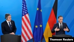 Waziri wa Mambo ya Nje wa Ujerumani Heiko Maas Waziri wa Mambo ya Nje wa Marekani Antony Blinken wakihutubia mkutano wa waandishi wa habari Berlin, 23.06.2021.