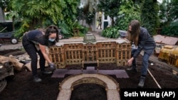 Laura Busse Dolan, right, and Annie Gessendorf carefully place the newest creation in the Holiday Train Show, a miniature of the LuEsther T. Mertz Library, in a bed at the New York Botanical Garden in New York, Thursday, Nov. 11, 2021. (AP Photo/Seth Wenig)
