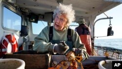 Virginia Oliver, age 101, works as a sternman, measuring and banding lobsters on her son Max Oliver's boat, Tuesday, Aug. 31, 2021, off Rockland, Maine. (AP Photo/Robert F. Bukaty)