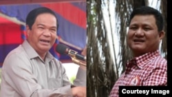 FILE: Collage of General Kun Kim (left), who is a senior minister and the deputy head for a veterans’ association and timber tycoon Try Pheap. (Courtesy Image)