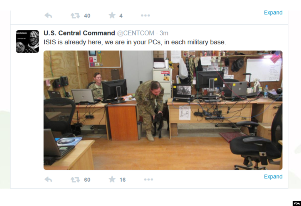 "Islomiy davlat" jangari guruhiga xayrixoh ekanini aytayotgan xakerlar Amerika Markaziy qo'mondonligining Twitter va YouTube sahifalariga hujum qildi. Saytlar tahdidli suratlar va ogohlantirishlarga to'lib ketgan. 12-yanvar, 2015-yil.