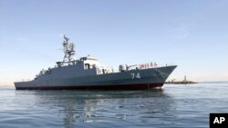 FILE - In this photo provided Dec. 1, 2018, by the Iranian Army, the Iranian destroyer Sahand sails in Persian Gulf waters, in Bandar Abbas, Iran.