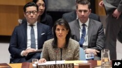 លោក​ស្រី Nikki Haley ឯក​អគ្គរដ្ឋទូត​សហរដ្ឋ​អាមេរិក​ប្រចាំ​អង្គការ​សហប្រជាជាតិ ថ្លែង​ក្នុង​កិច្ច​ប្រជុំ​ក្រុមប្រឹក្សា​សន្តិសុខ​អំពី​ស្ថានការណ៍​នៅ​ប្រទេស​កូរ៉េ​ខាង​ជើង នៅ​អង្គការ​សហ​ប្រជាជាតិ កាល​ពី​ថ្ងៃទី​២៩ ខែ​វិច្ឆិកា។