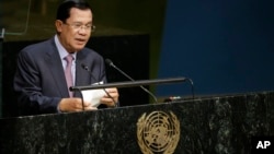 Cambodian Prime Minister Hun Sen addresses the 2015 Sustainable Development Summit, Saturday, Sept. 26, 2015 at United Nations headquarters. (AP Photo/Mary Altaffer)