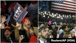 អ្នក​គាំទ្រ​លោក Donald Trump (ឆ្វេង) នៅ​សង្កាត់ Manhattan ក្រុង​ញូវយ៉ក អបអរសាទរ​ខណៈ​លទ្ធផល​ថ្មី​មួយ ខណៈ​ដែល​អ្នក​គាំទ្រ​លោកស្រី Hillary Clinton (ស្តាំ) ភ្ញាក់​ផ្អើល​ចំពោះ​​លទ្ធផល​​ចុង​ក្រោយ កាល​ពី​ថ្ងៃ​ទី​៨ ខែ​វិច្ឆិកា ឆ្នាំ​២០១៦។