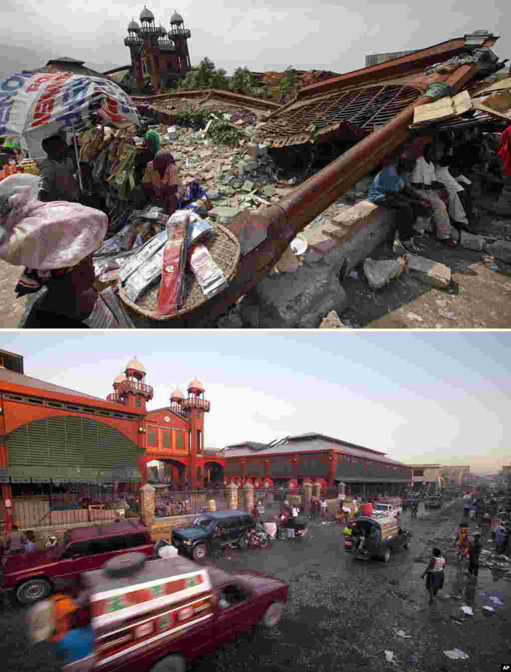 FILE - At top, Feb. 15, 2010, people sell goods outside the ruins of the old Iron Market, a month after it was destroyed in Port-au-Prince, Haiti; below, Jan. 10, 2015, the market has been rebuilt by Haiti&rsquo;s biggest employer, mobile company Digicel.