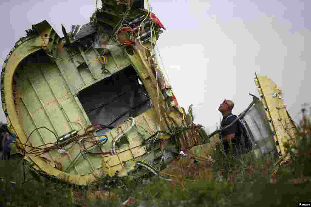 A Malaysian air crash investigator inspects the crash site of Malaysia Airlines Flight MH17, near the village of Hrabove, Ukraine, July 22, 2014. 