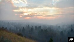 Smoke from a wildfire obscures trees on the Northern Cheyenne Indian Reservation, Wednesday, Aug. 11, 2021, near Ashland, Montana. (AP Photo/Matthew Brown)