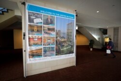 A sign is seen outside the General Assembly Hall at United Nations headquarters during the 75th annual U.N. General Assembly high-level debate, which is being held mostly virtually, in New York, Sept. 21, 2020.